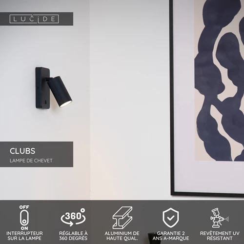 Lucide CLUBS - Lampe de chevet / Applique mural - 1xGU10 - Noir - USP